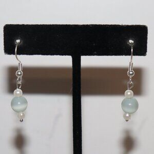 🌌🤍🔵 SILVER, PEARL & BLUE CAT’S EYE DANGLE EARRINGS · 1.25"